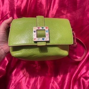 Dooney Bourke Small Handbag Lime Green w/ Pink & Metal Buckle Hearts